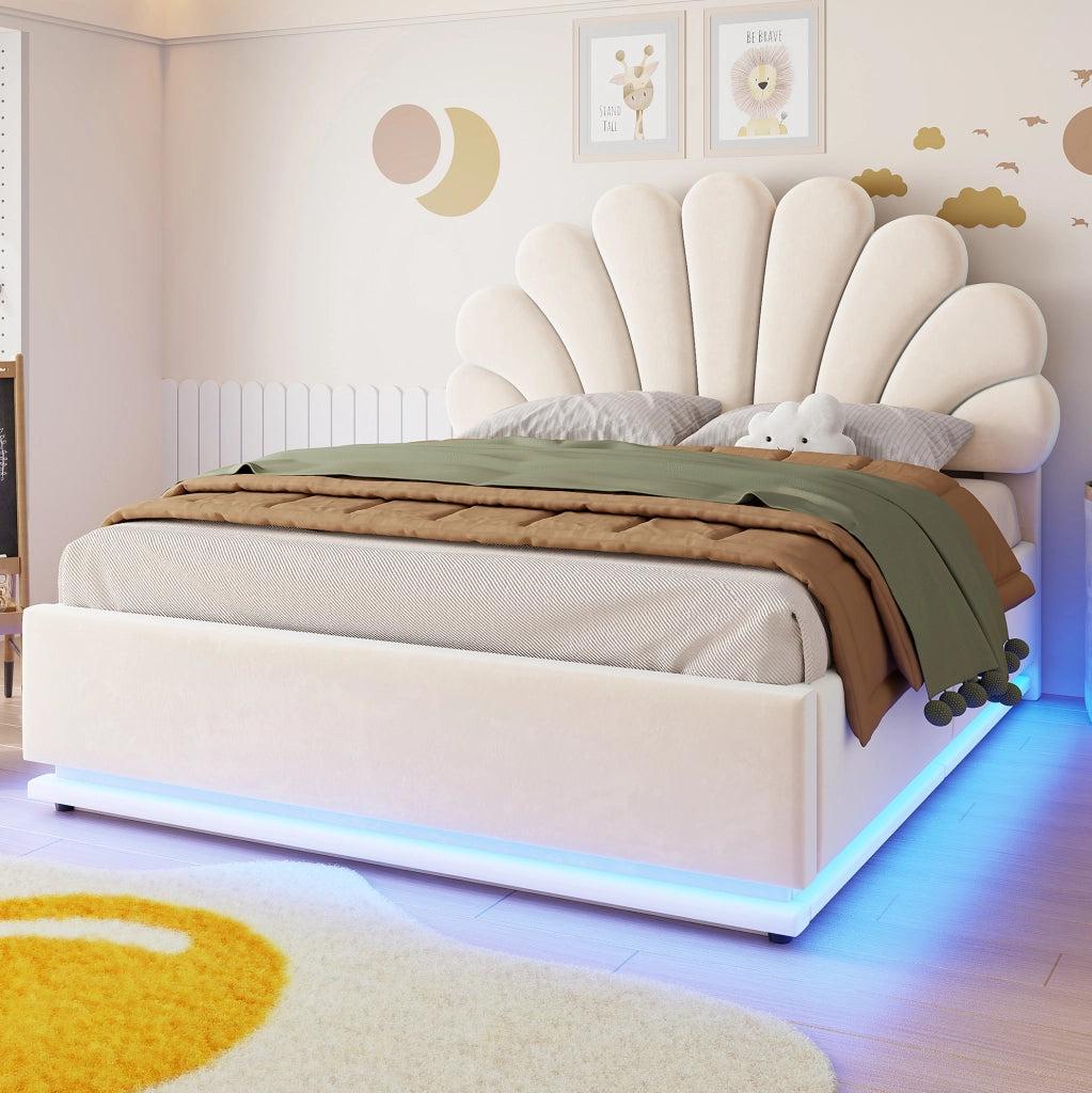 LETTO Contenitore LED 140x200 cm Velluto Beige
