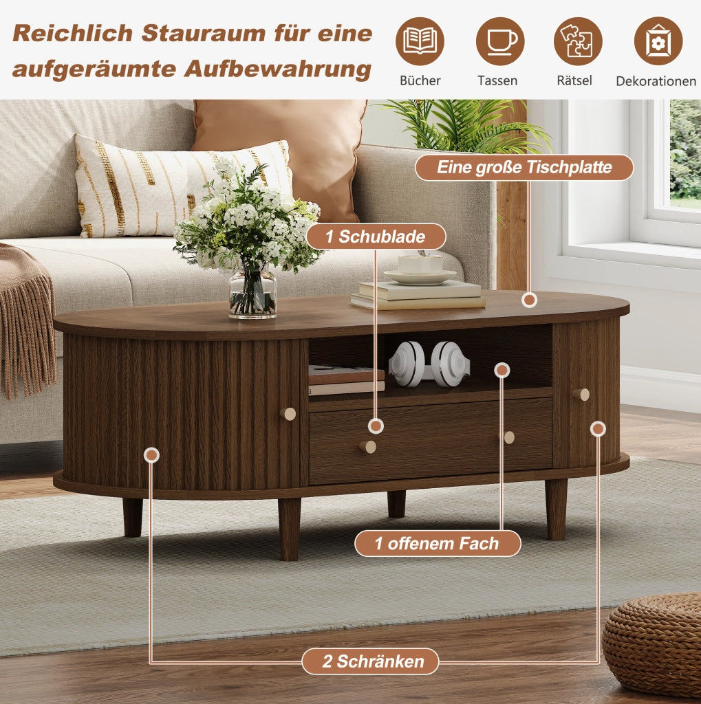 Tavolino da caffè ovale 100x50x36 cm in MDF color noce con 1 cassetto e anta a rullo