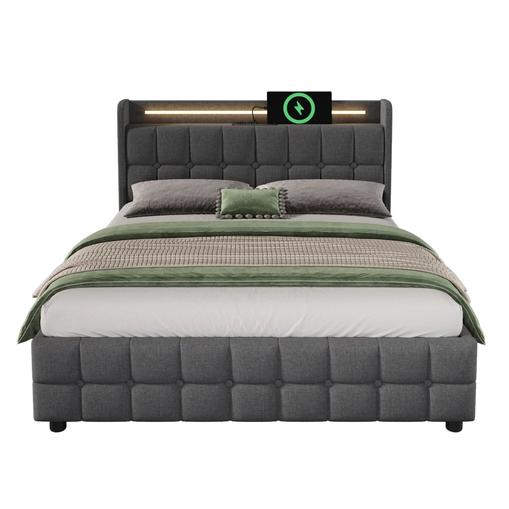 Letto matrimoniale imbottito 160x200 cm con testiera con ricarica USB e LED, 4 cassetti, contenitore, rete a doghe in legno - Grigio (Senza materasso)