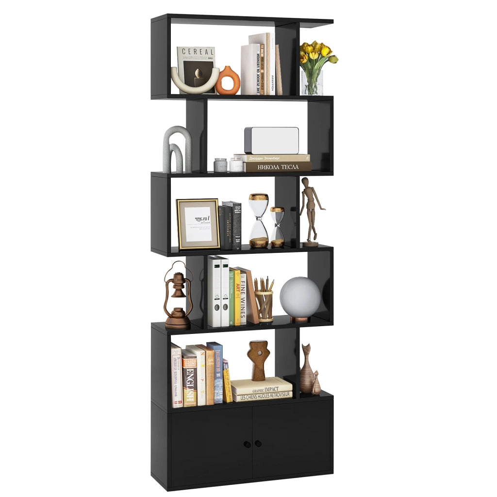 Libreria a 6 ripiani a forma di S con mobiletto ad ante nero, scaffale moderno per soggiorno e ufficio, robusto e facile da montare