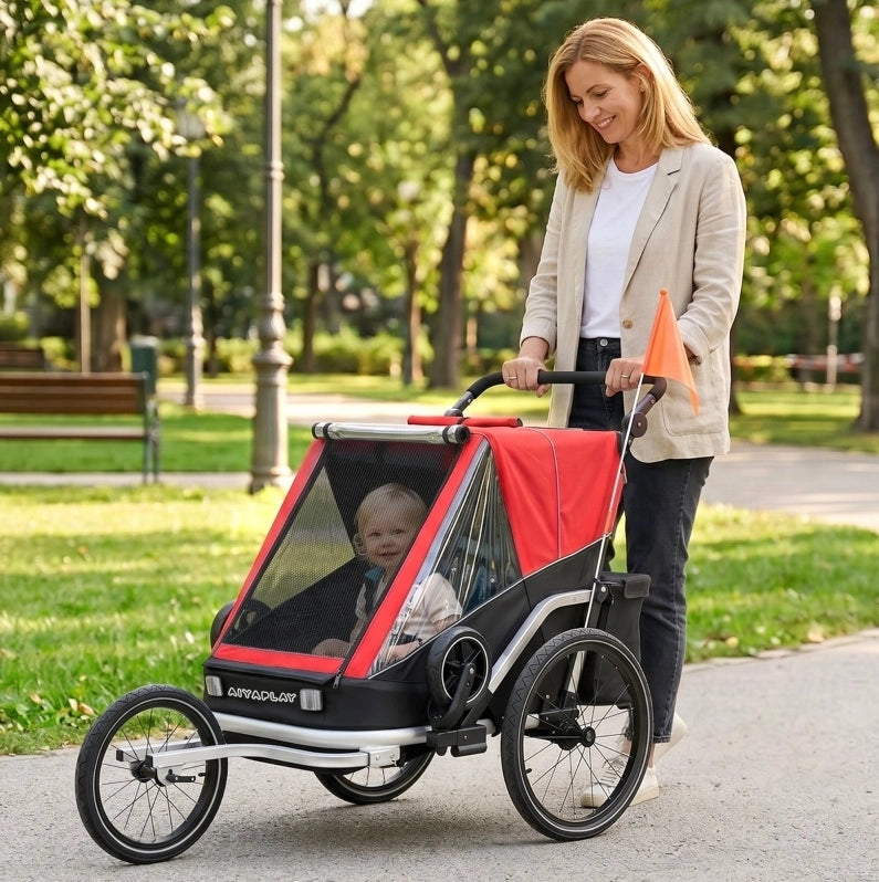 Rimorchio bici 2 in 1 per 2 bambini rosso