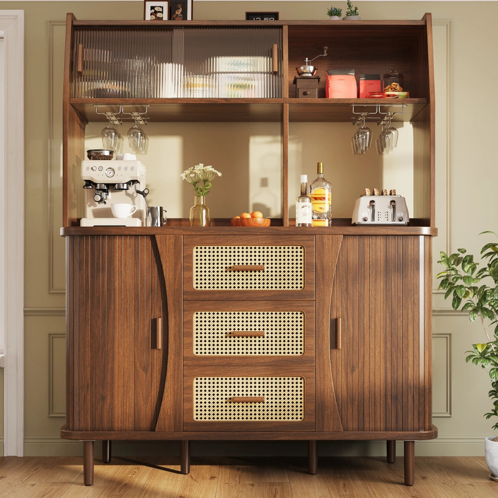 Credenza con ante scorrevoli in vetro 3 cassetti e portabicchieri MDF noce 140 × 40.5 × 174.5 cm