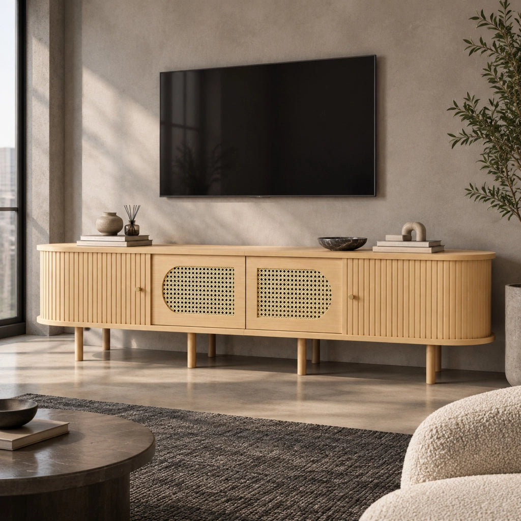 Mobile TV 180x40x40 cm con ante stile rattan e serrandine; colore naturale HOMVRA