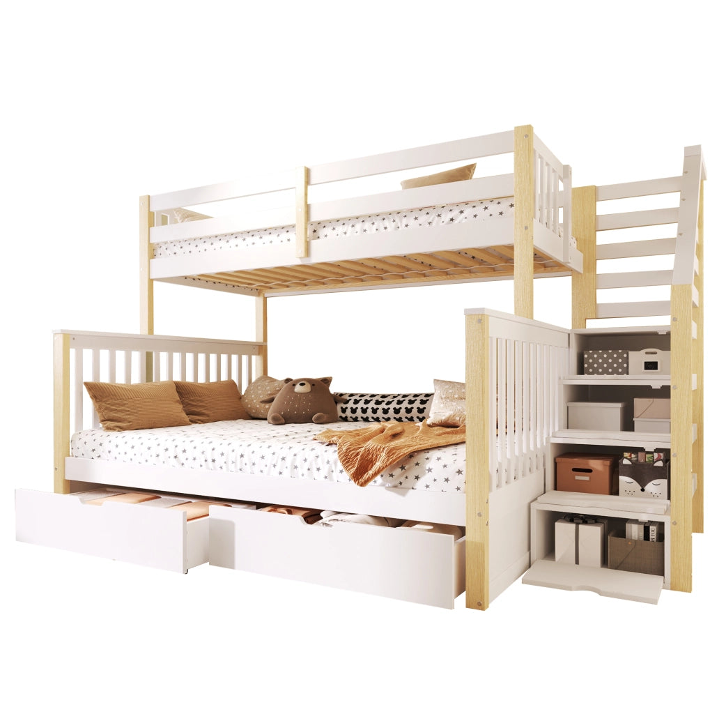 Letto a castello 90 x 200 e 140 x 200 cm in pino bianco naturale con cassetti