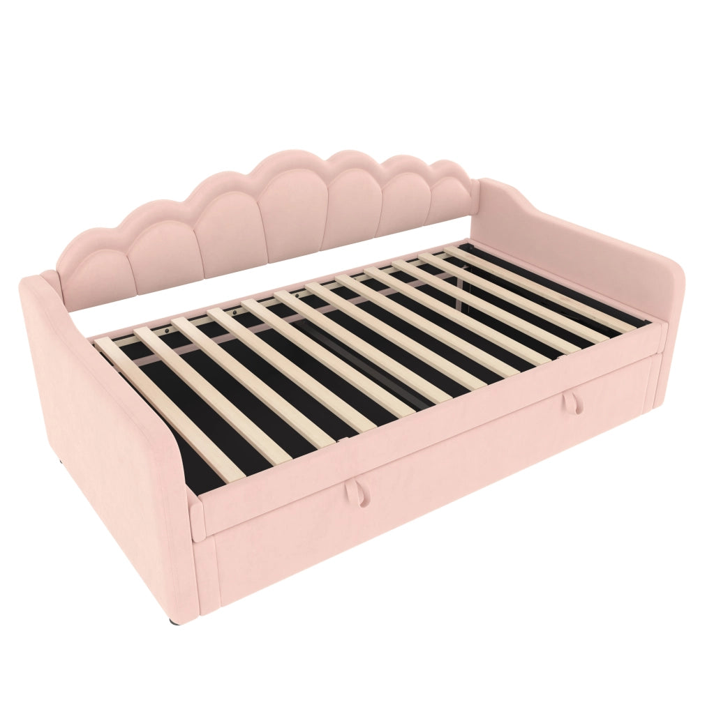Letto singolo 90x200 cm con contenitore idraulico e LED in velluto rosa