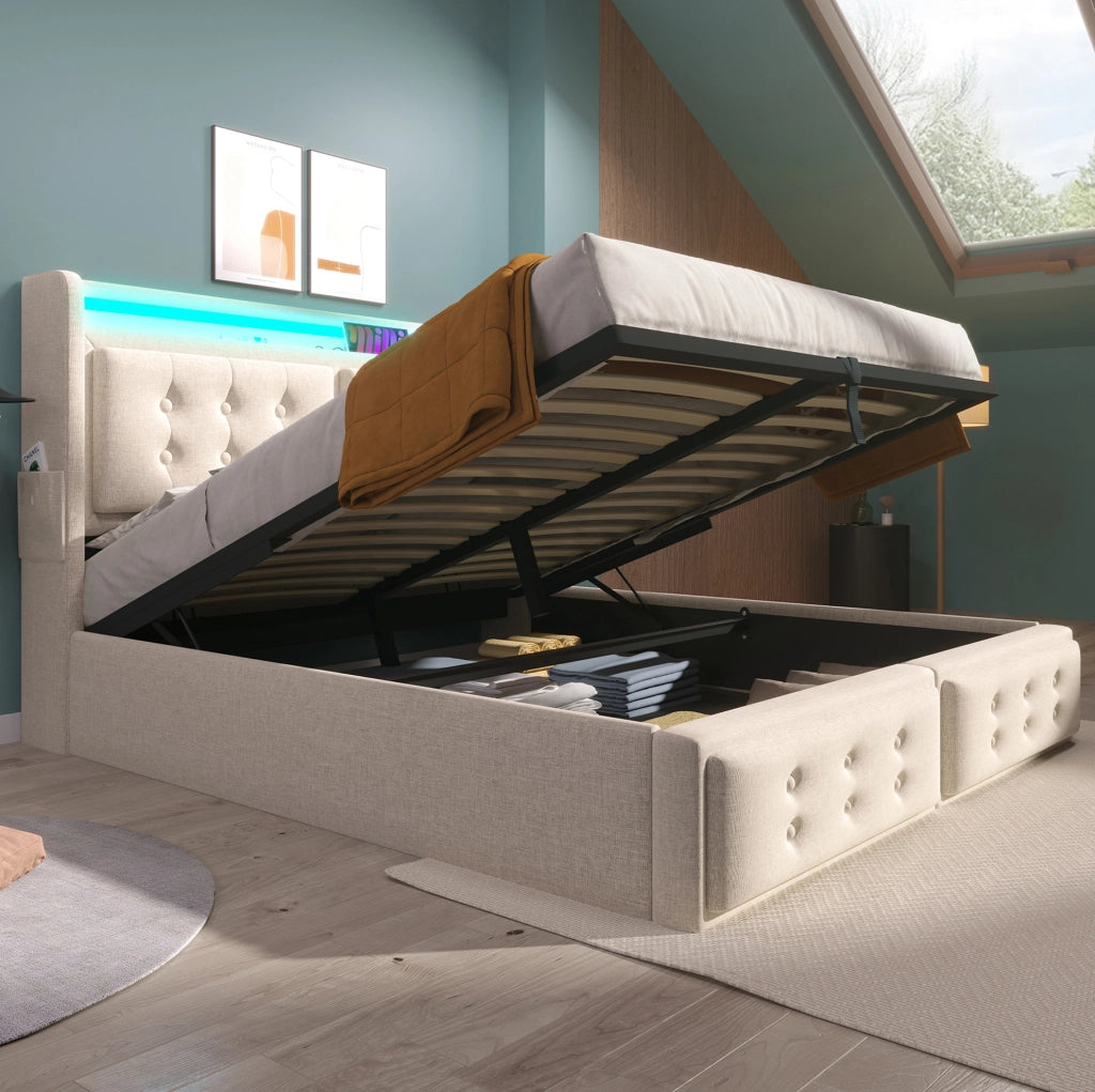 Letto matrimoniale 180x200 cm con contenitore; LED e ricarica USB/Type-C beige HOMVRA