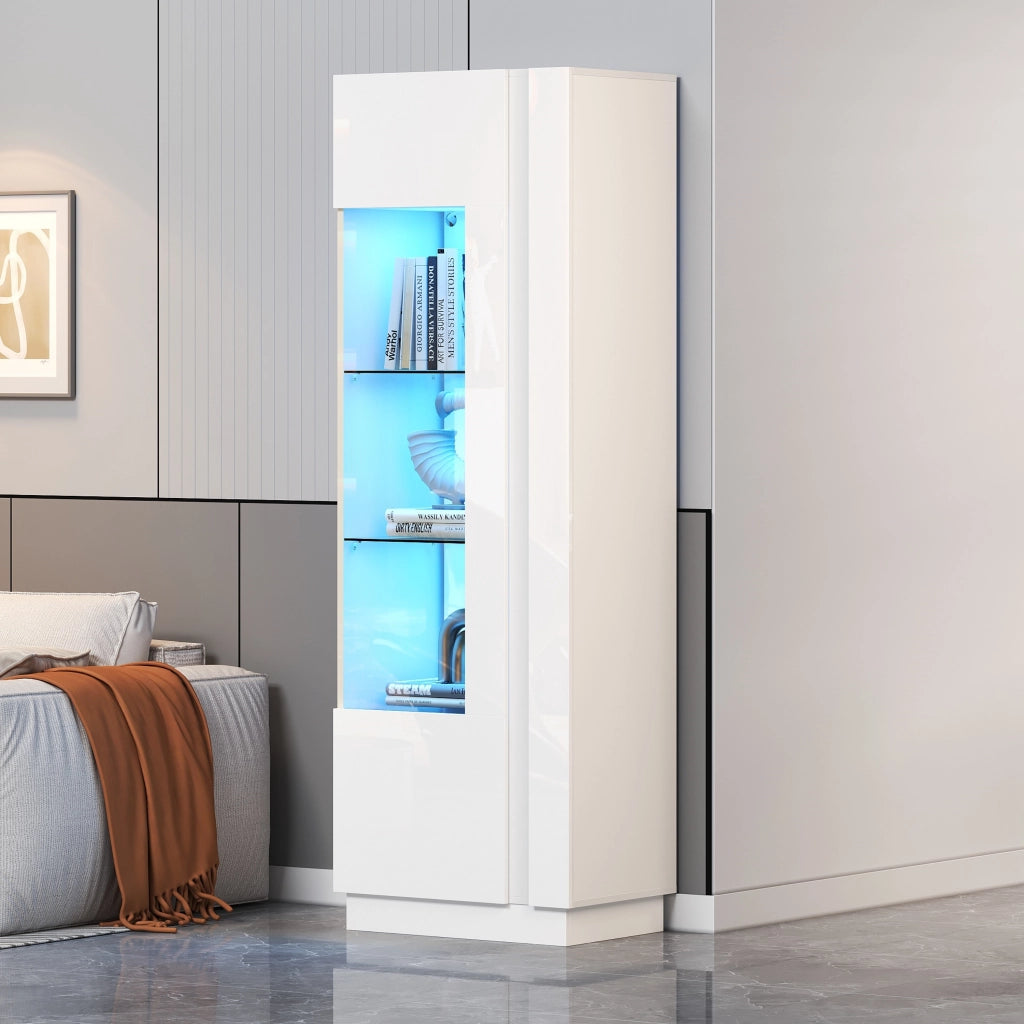 Vetrina LED con anta in acrilico, 5 vani e 2 ripiani in vetro temperato, per soggiorno, bianca, 60 × 40 × 180 cm
