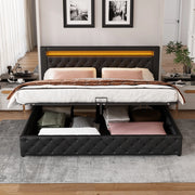 Letto matrimoniale imbottito 180 × 200 cm con contenitore rete a doghe LED regolabile in PU nero