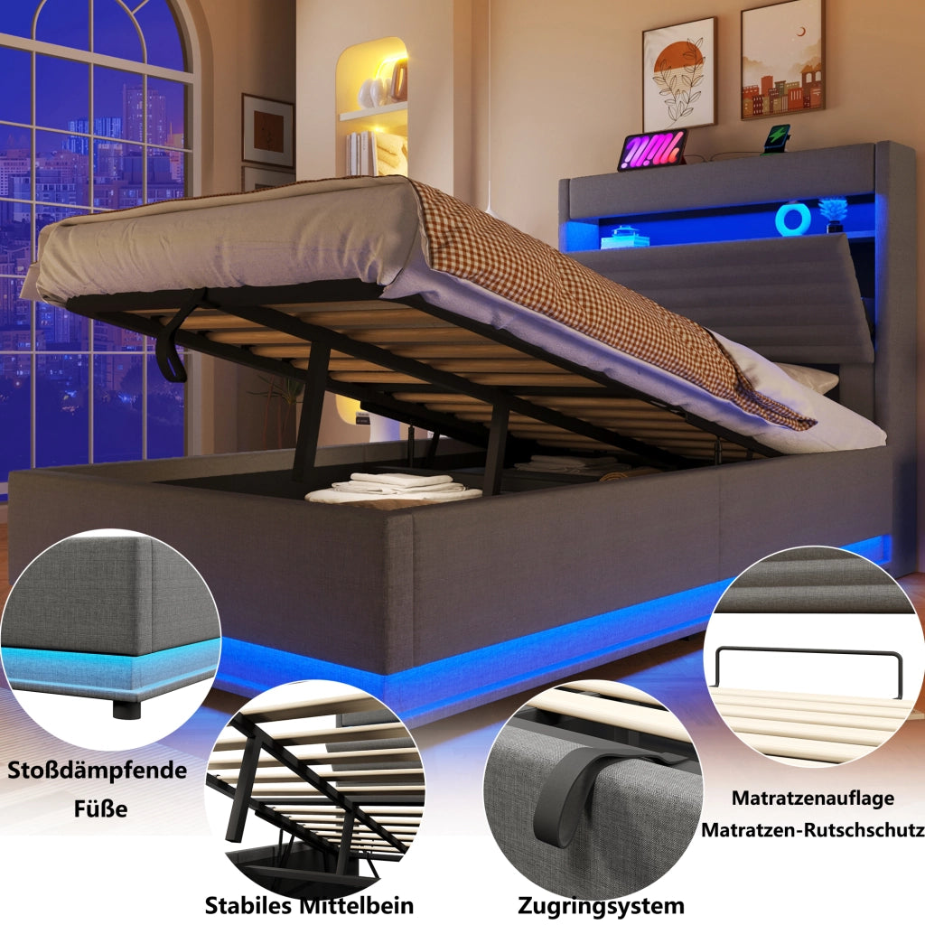 Letto contenitore 90 × 200 cm con LED; USB e porta Type-C; testiera imbottita in lino grigio