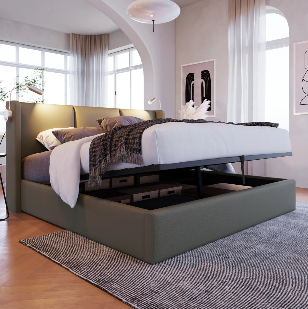 Letto imbottito contenitore 160x200 cm con luce da lettura e USB; materasso incluso; grigio