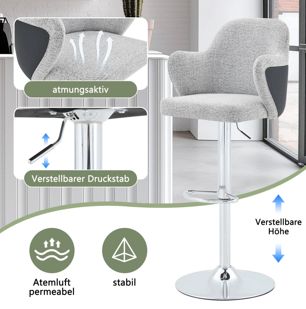 Set di 2 sgabelli da bar regolabili con schienale imbottito e braccioli, girevoli a 360°, tessuto grigio chiaro e base in acciaio cromato