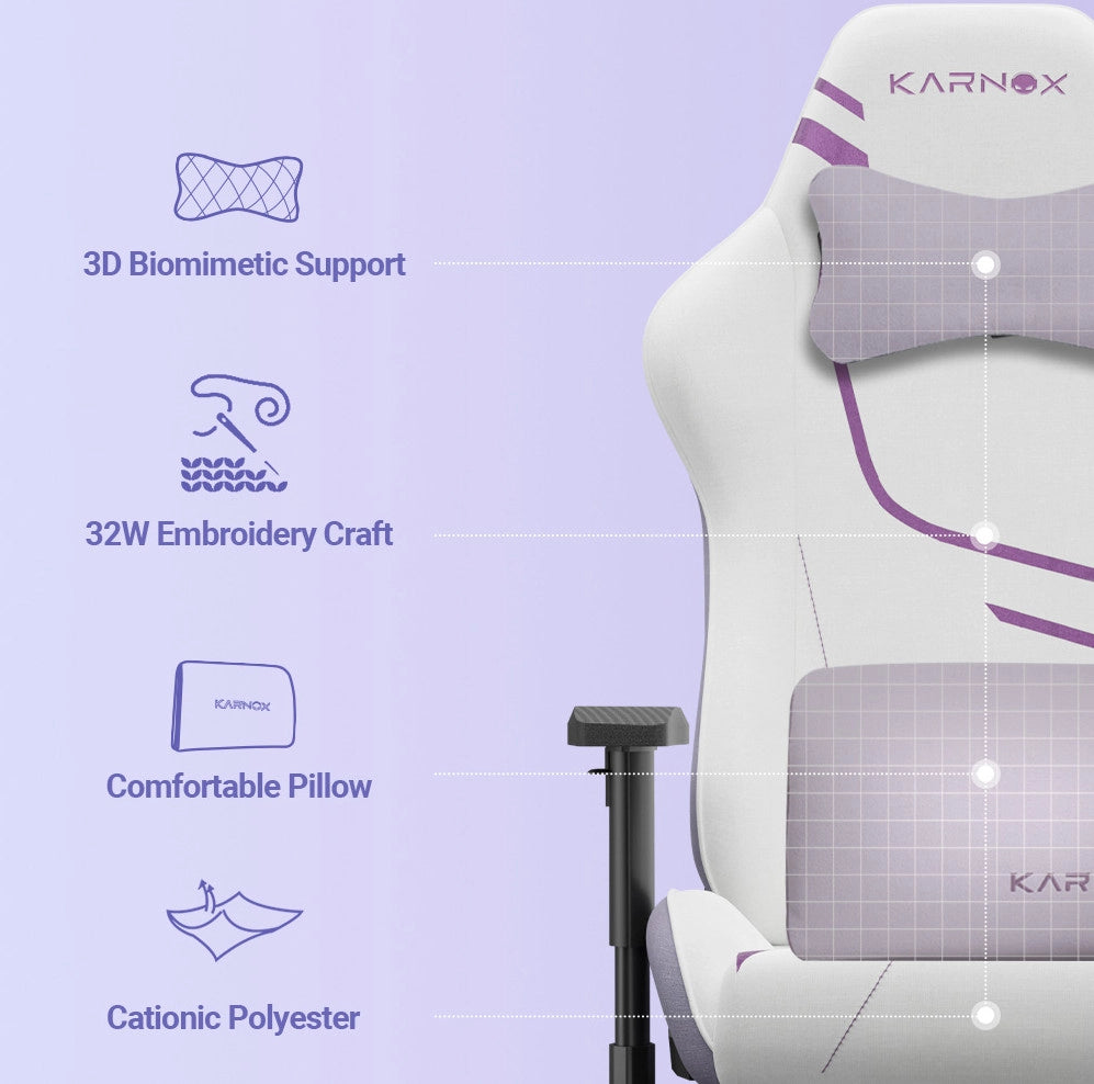 Sedia gaming ULEVR in tessuto bianco e viola con schienale reclinabile, supporto lombare e poggiatesta
