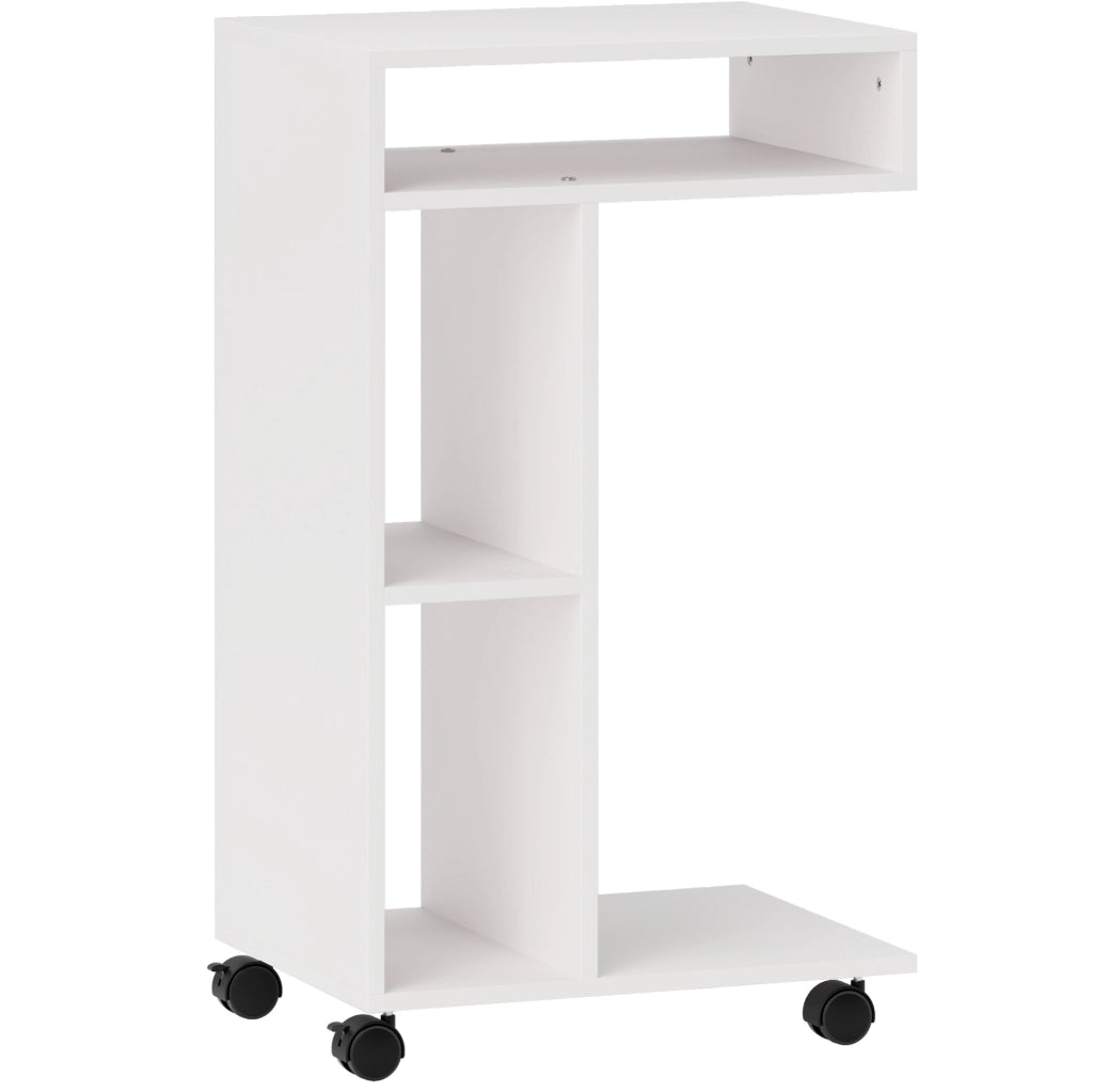 Tavolino laterale a C con ruote e 4 ripiani in compensato bianco 40x30x69 cm