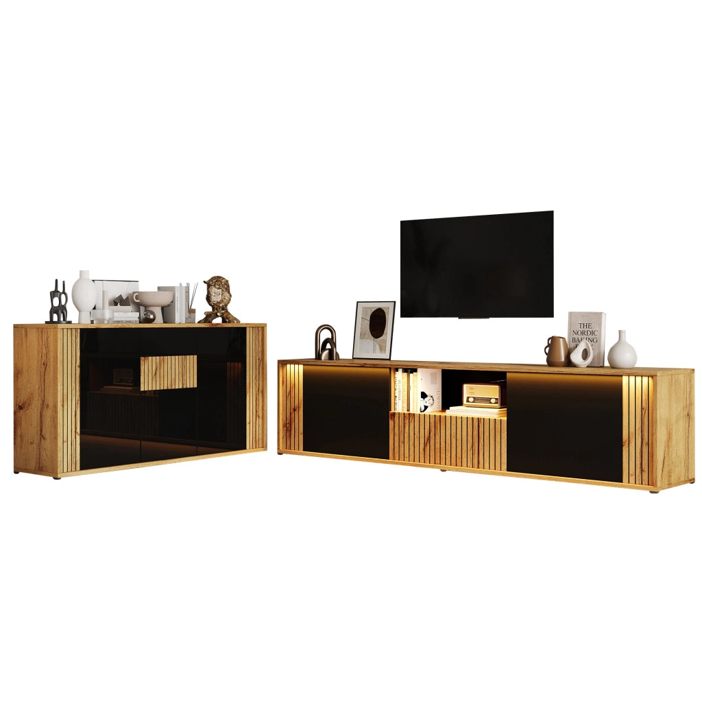 MOBILE TV e Madia Set da 2 pezzi Nero e Legno 180 cm + 140 cm