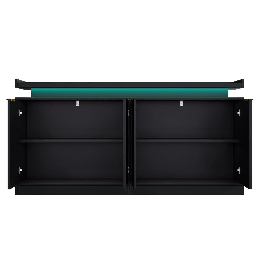Credenza ULEVR 160x39x83 cm con 4 ante, ripiani aperti e LED RGB controllabile tramite app, nera