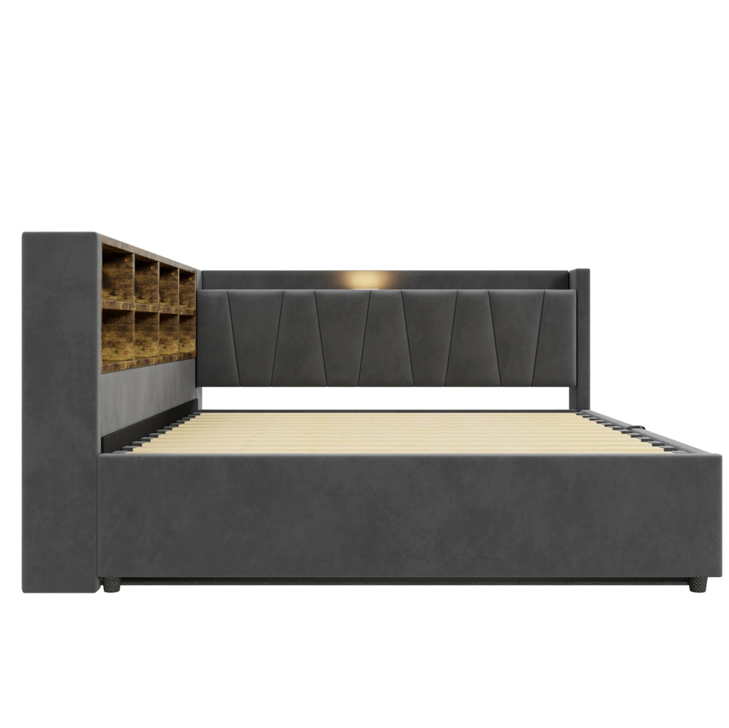 Letto imbottito multifunzionale 140x200 cm in velluto grigio con contenitore; luci e porte USB/Type-C