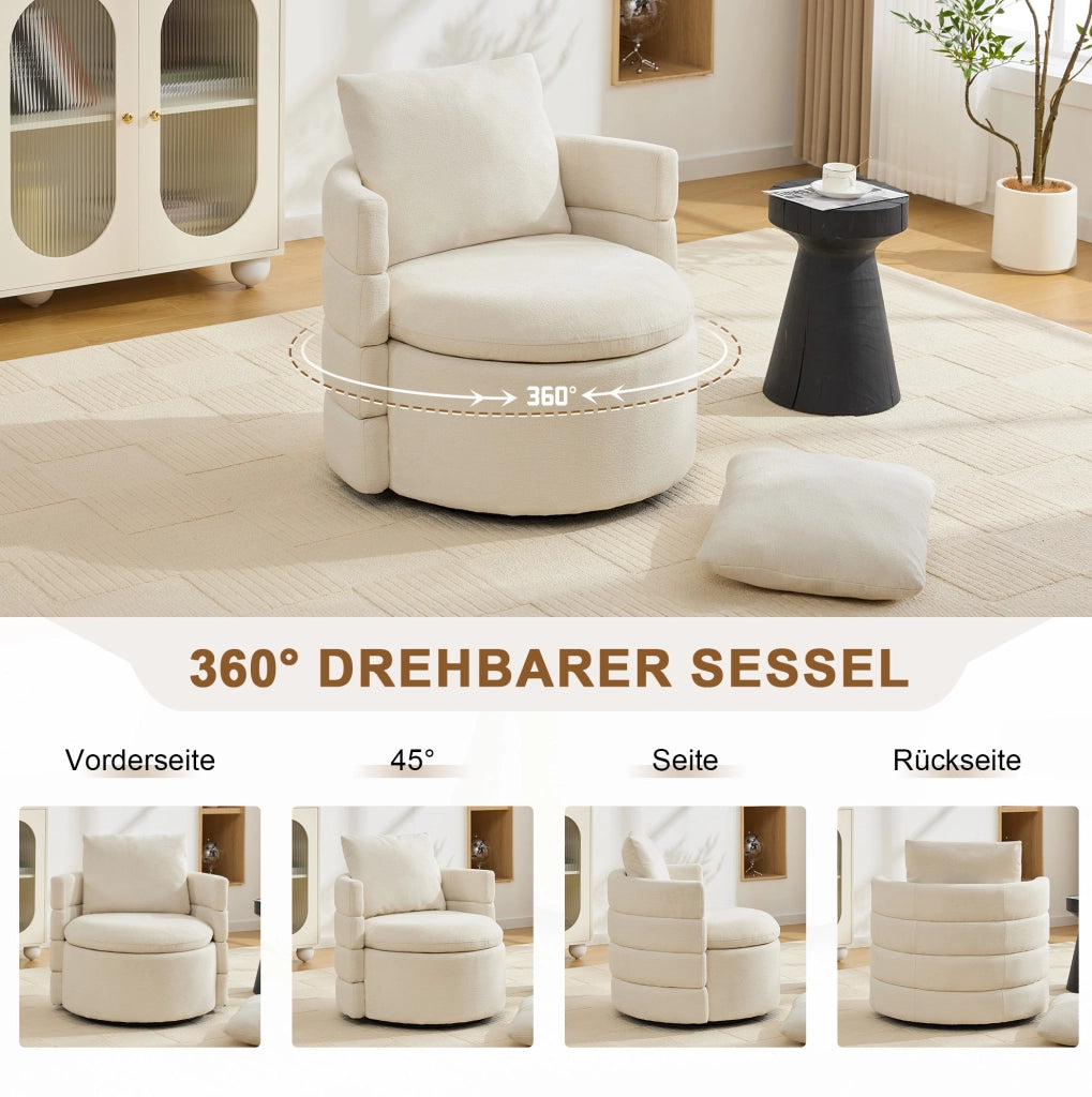 Sedia Girevole 360° con Tessuto Chenille, Cuscino Morbido e Contenitore Nascosto, Poltrona Moderna per Soggiorno e Camera, Dimensioni 72x66.5x76 cm, Avorio