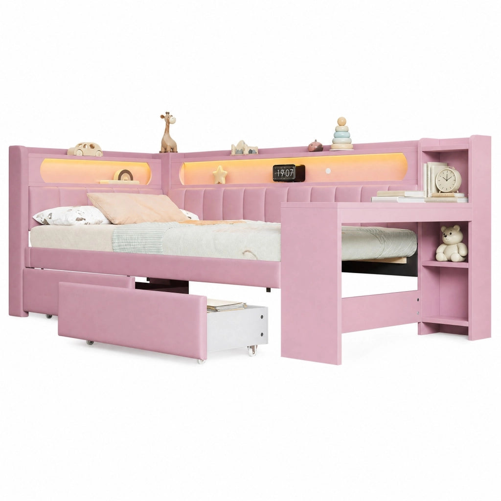 Daybed imbottito 90x200 con USB; LED; scrivania e 2 cassetti; rosa