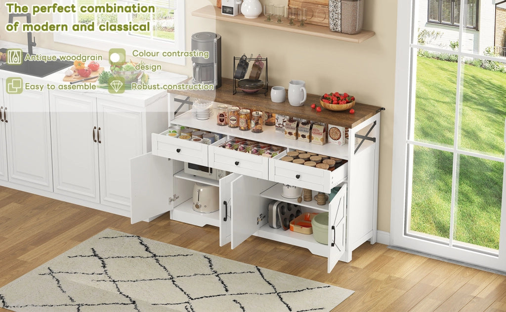 Buffet rustico 140 cm con 3 cassetti, ante con ripiani e vano aperto, mobile contenitore per cucina, soggiorno e ingresso bianco/marrone