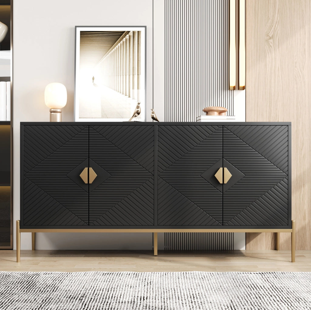 Sideboard moderno in nero con motivi geometrici, 162x40x80 cm, struttura in PB e MDF, gambe in metallo