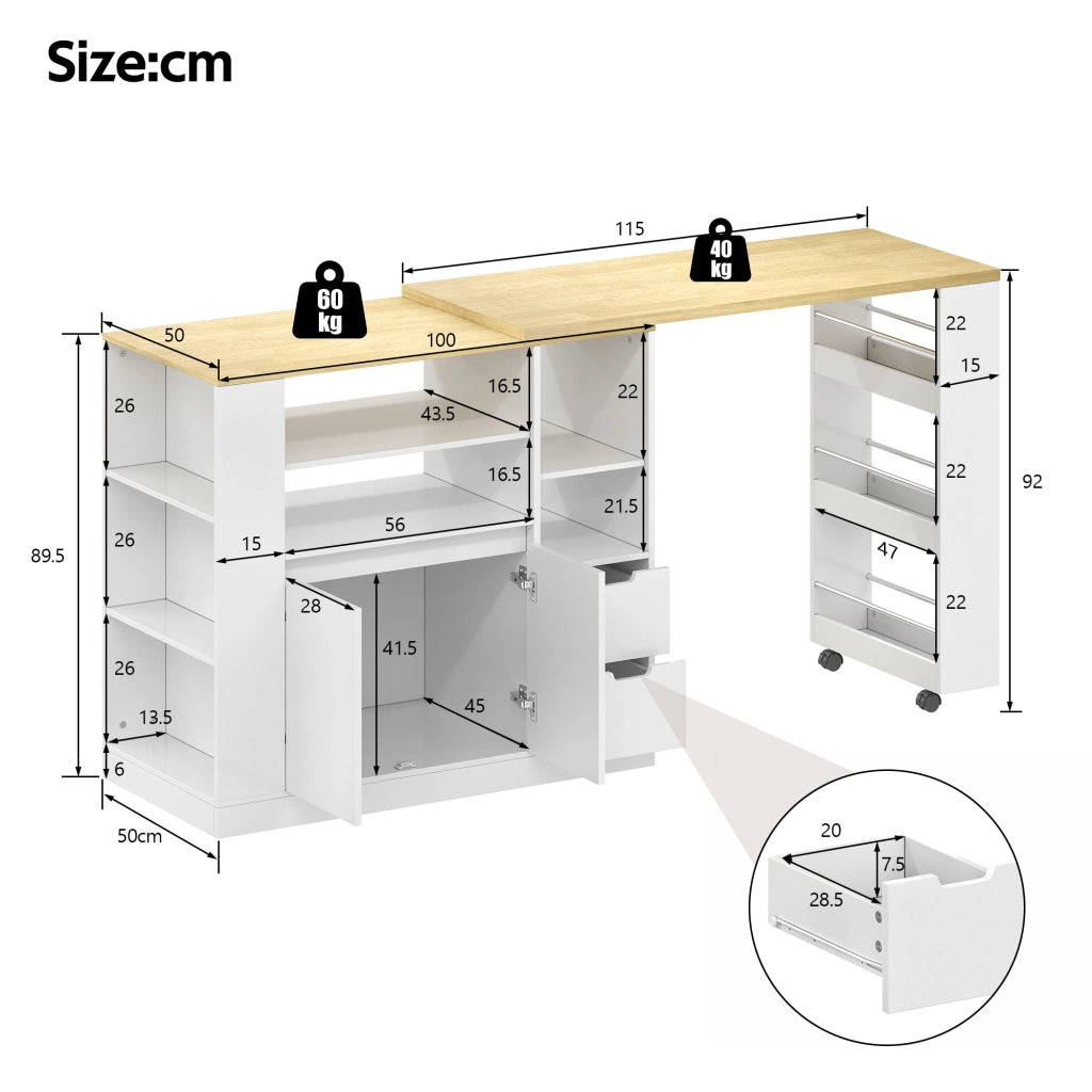 Mobile isola cucina con piano girevole estraibile due cassetti ripiano a tre livelli MDF bianco naturale 115 × 50 × 92 cm