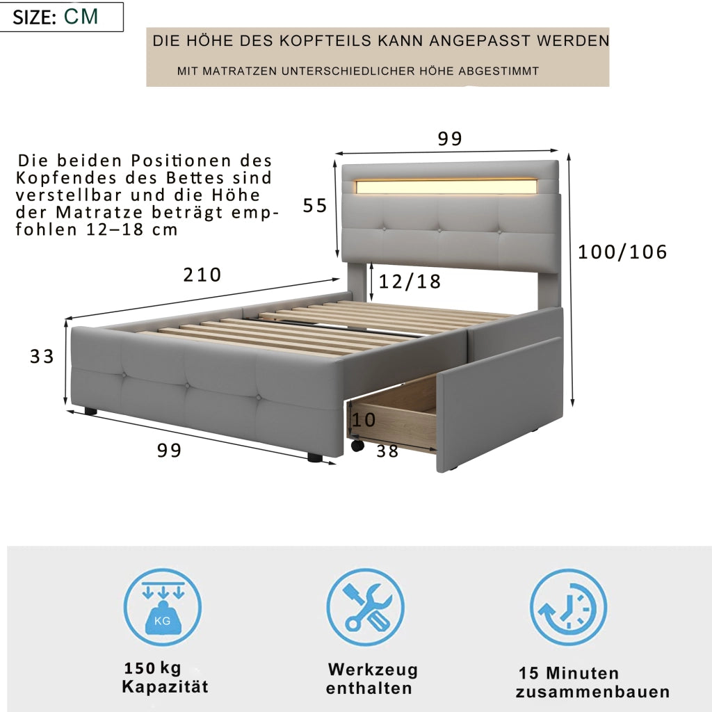 DESMIU Letto adulto 90 × 200 cm con 2 cassetti, LED, testiera regolabile, senza materasso, grigio