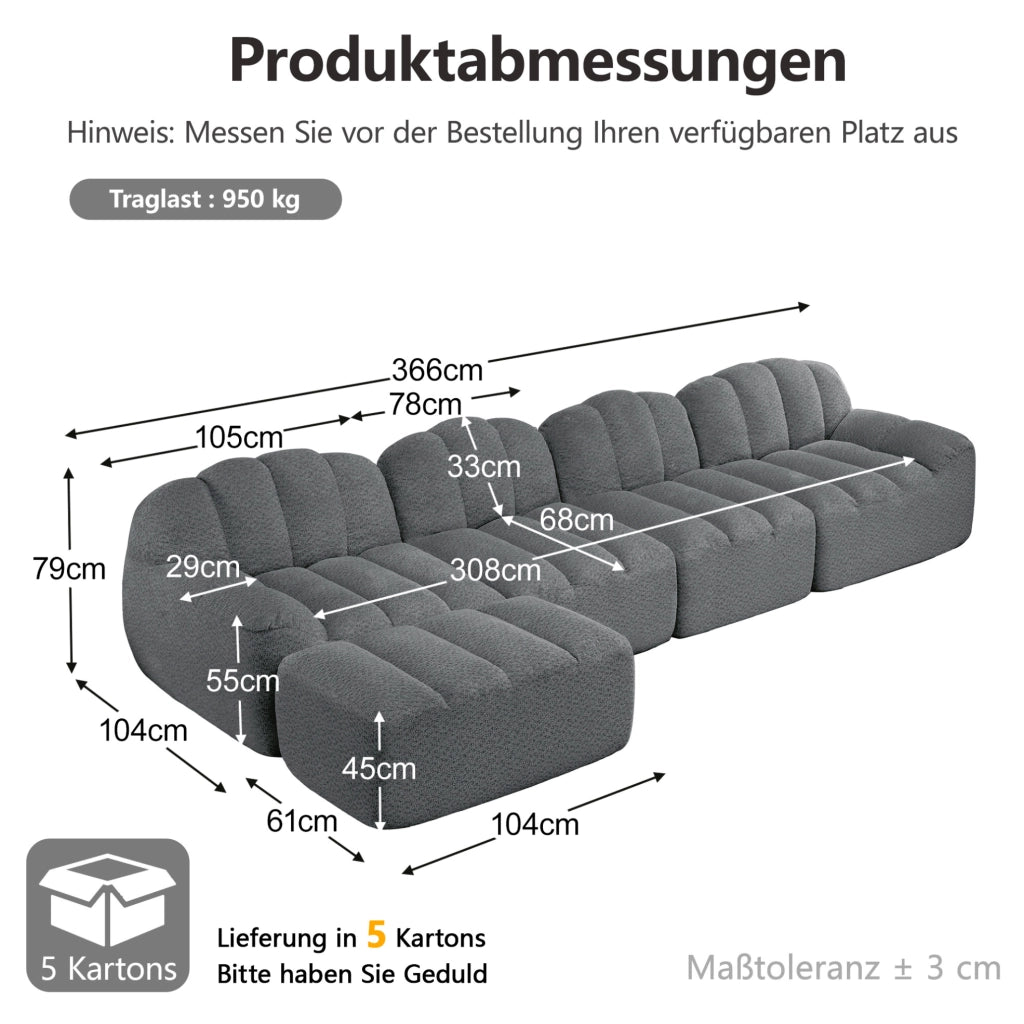 Divano modulare 4 posti con pouf, imbottitura in schiuma ad alta densità 32D, rivestimento in fleece grigio, ideale per soggiorno
