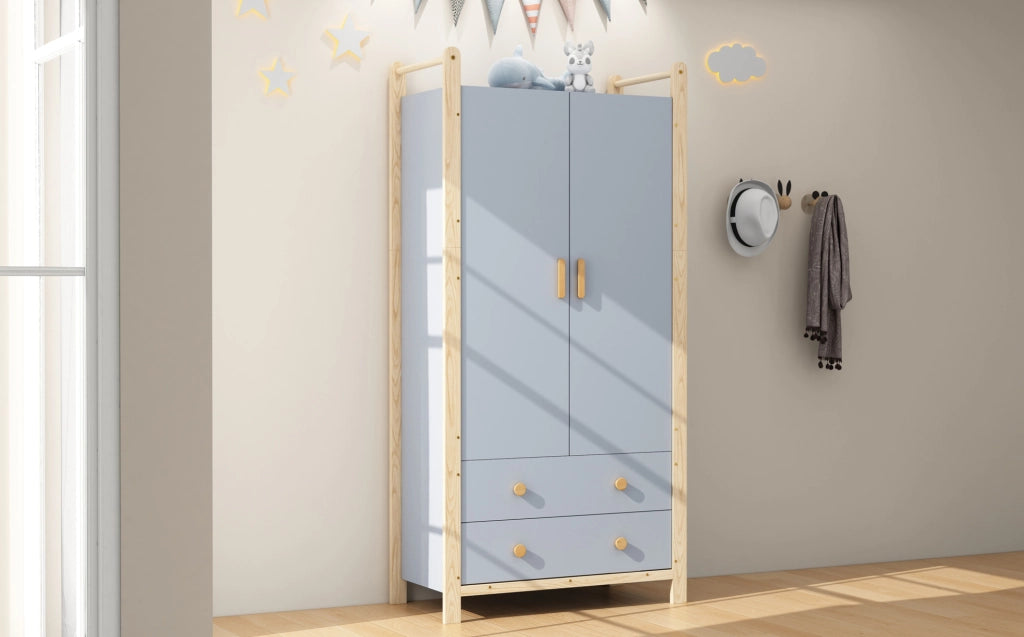 Armadio 2 ante con appendiabiti e 2 cassetti, struttura in truciolato blu, telaio in pino, 90x45x180 cm