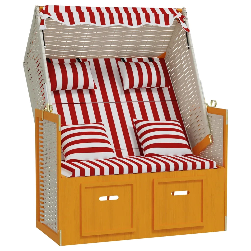 Strandkorb con Cuscini Polyrattan e Legno Massello Rosso Bianco 318665