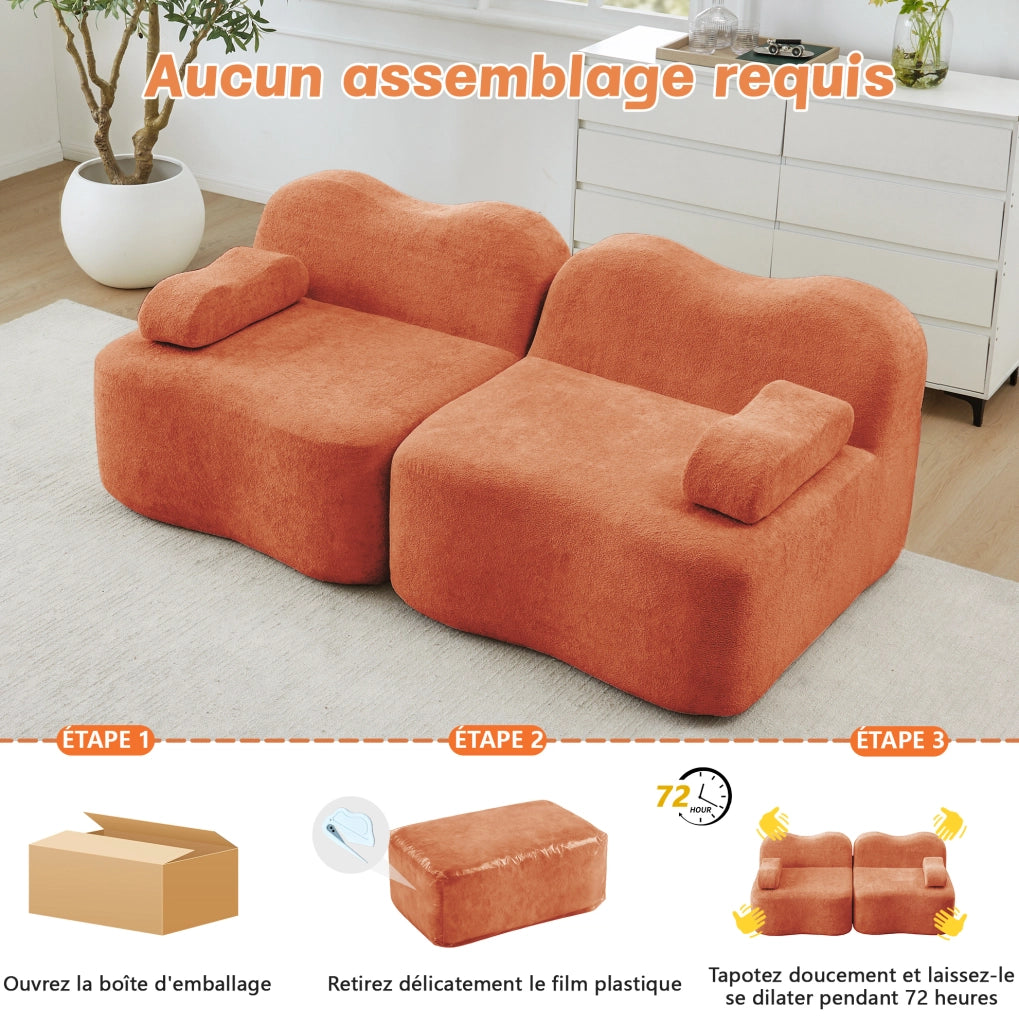 Divano modulare angolare 3 posti con pouf, schiuma ad alta densità 32D, rivestimento in velluto arancione per soggiorno