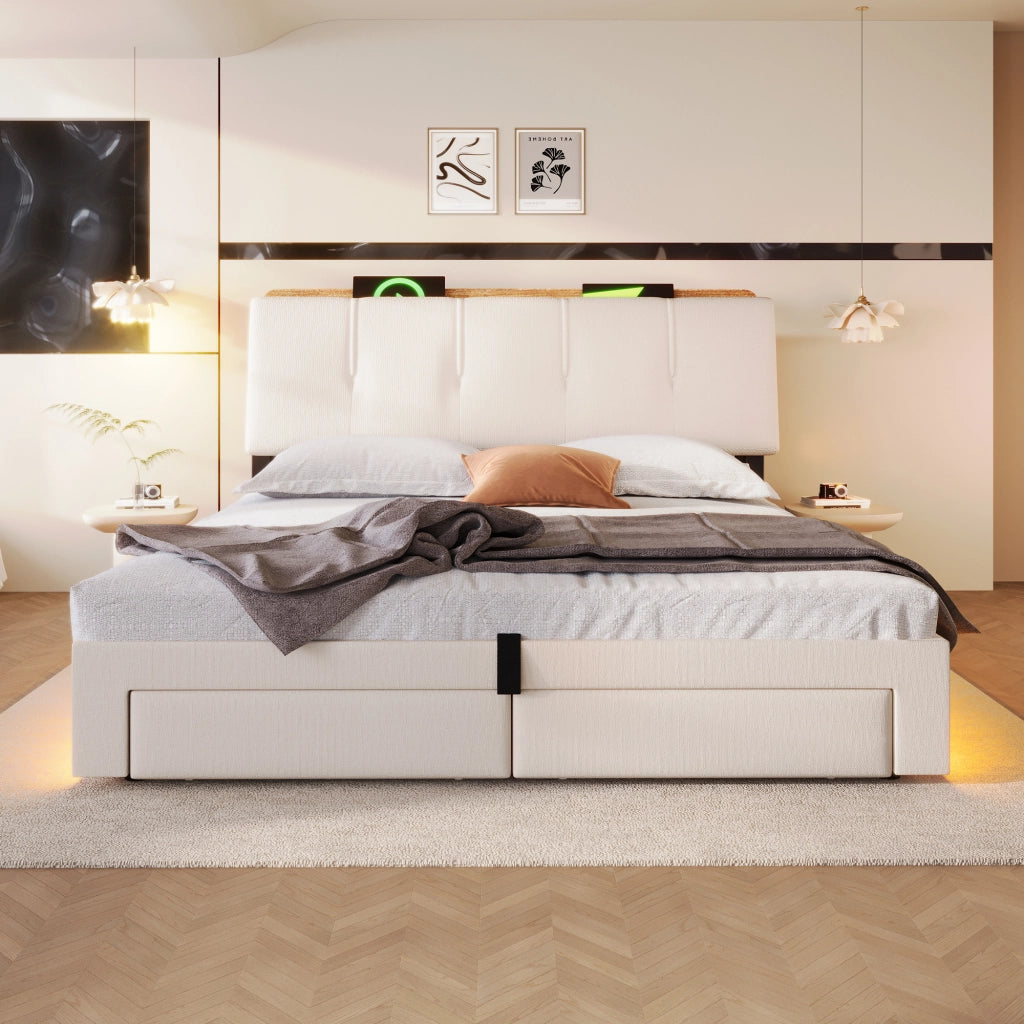 Letto contenitore 140x200 cm in lino beige con cassetti; testiera portaoggetti; LED e USB-C