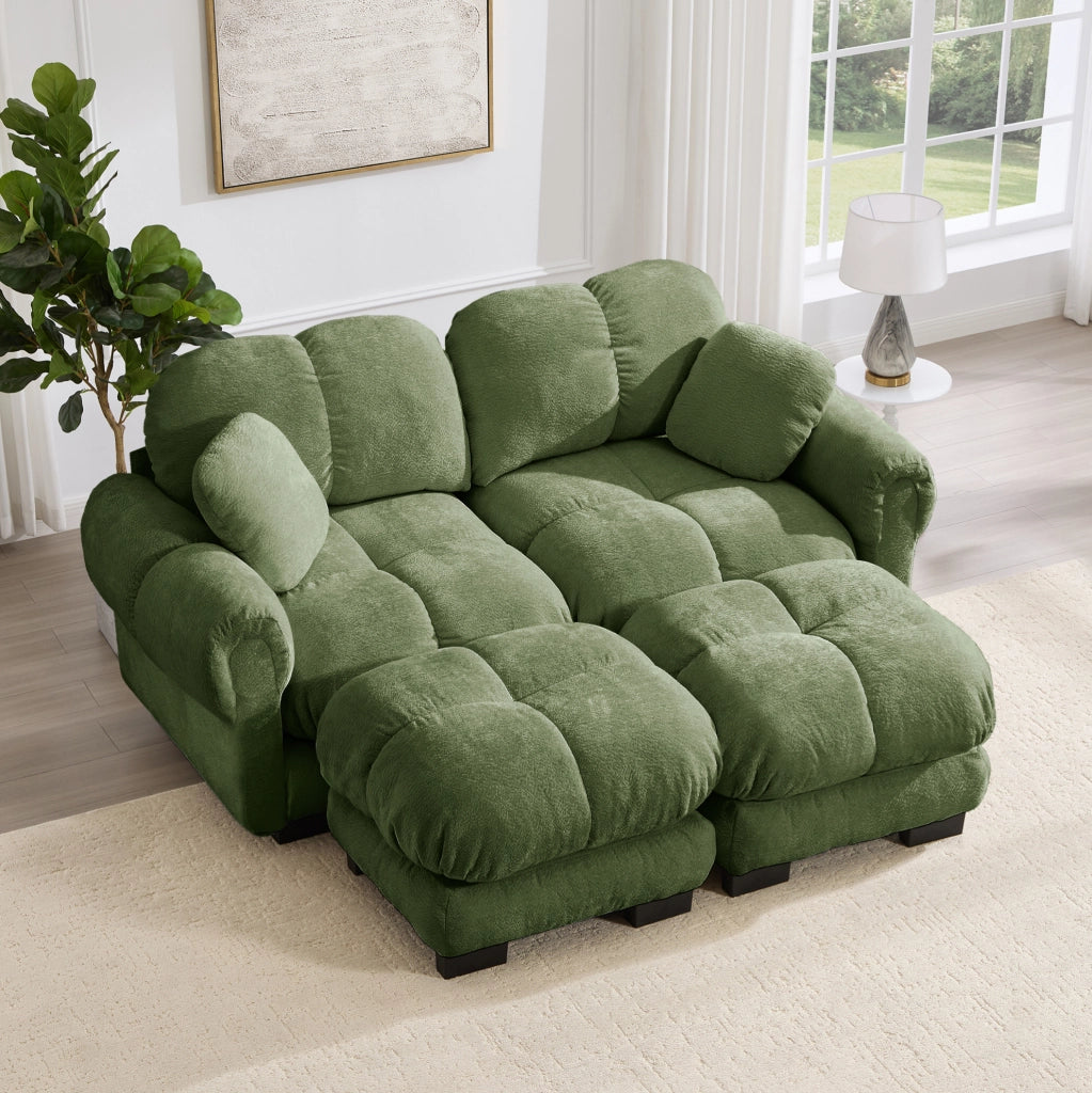 Divano 2 posti in chenille verde con pouf modulare e cuscini imbottiti, dimensioni 190x149x90 cm