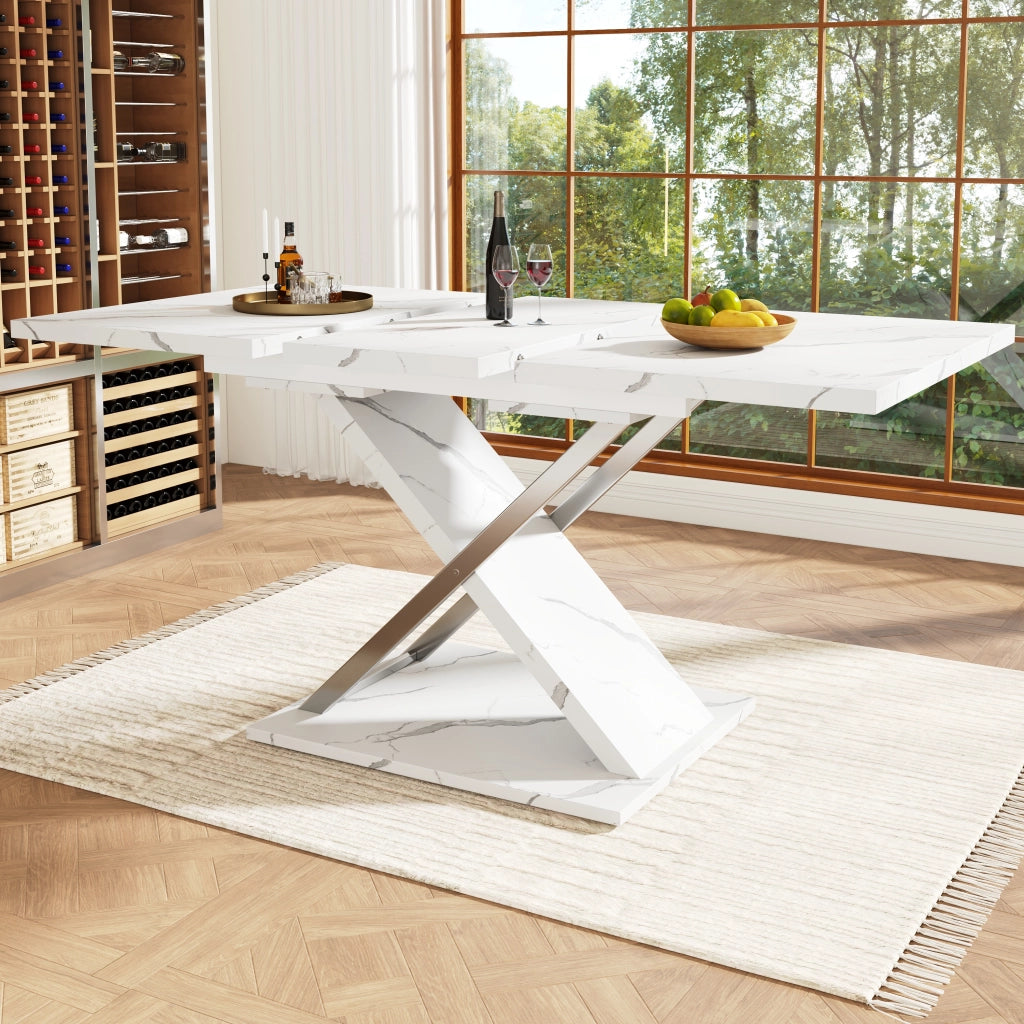 Tavolo da pranzo allungabile per 6-8 persone con piano estensibile e gambe incrociate, MDF bianco, 118 × 75 × 76,4 cm