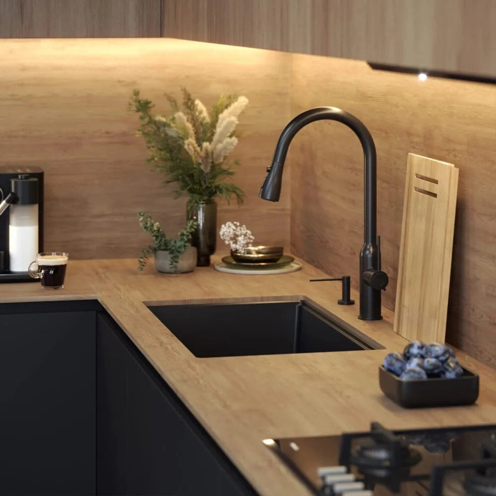 Lavello In Granito Logan 110 Black Metallic Tappo rame spazzolato