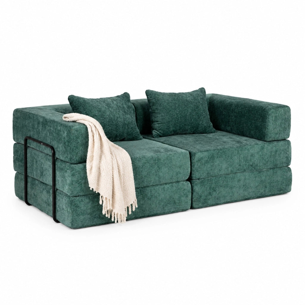 Divano letto 200x100x63 cm in ciniglia verde scuro, senza montaggio,