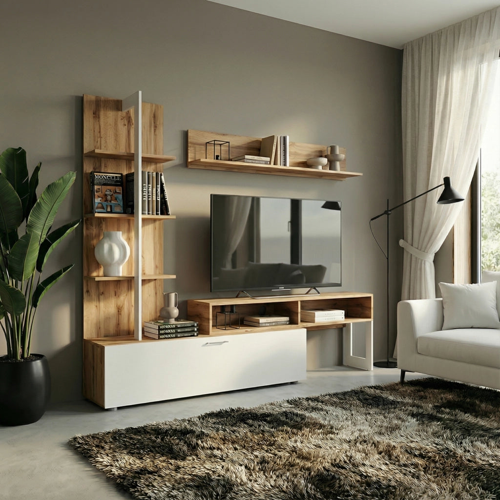 Mobili  soggiorno MOLDE - Scaffale in Set - Quercia Wotan - Bianco - Larghezza 251 cm, Altezza 174 cm, Profondit? 37 cm