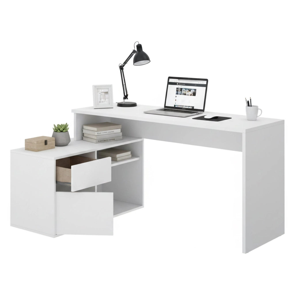 Scrivania Andor, Scrittoio multiposizione da ufficio o cameretta, Tavolo da studio angolare multiuso, 139x92h75 cm, Bianco