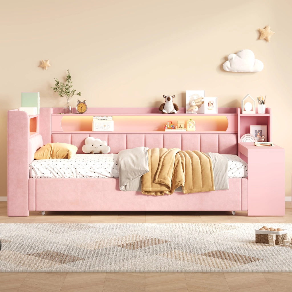 Letto imbottito con LED e giroletto estraibile ¨C Minimal ¨C Rosa velluto 90x200 cm
