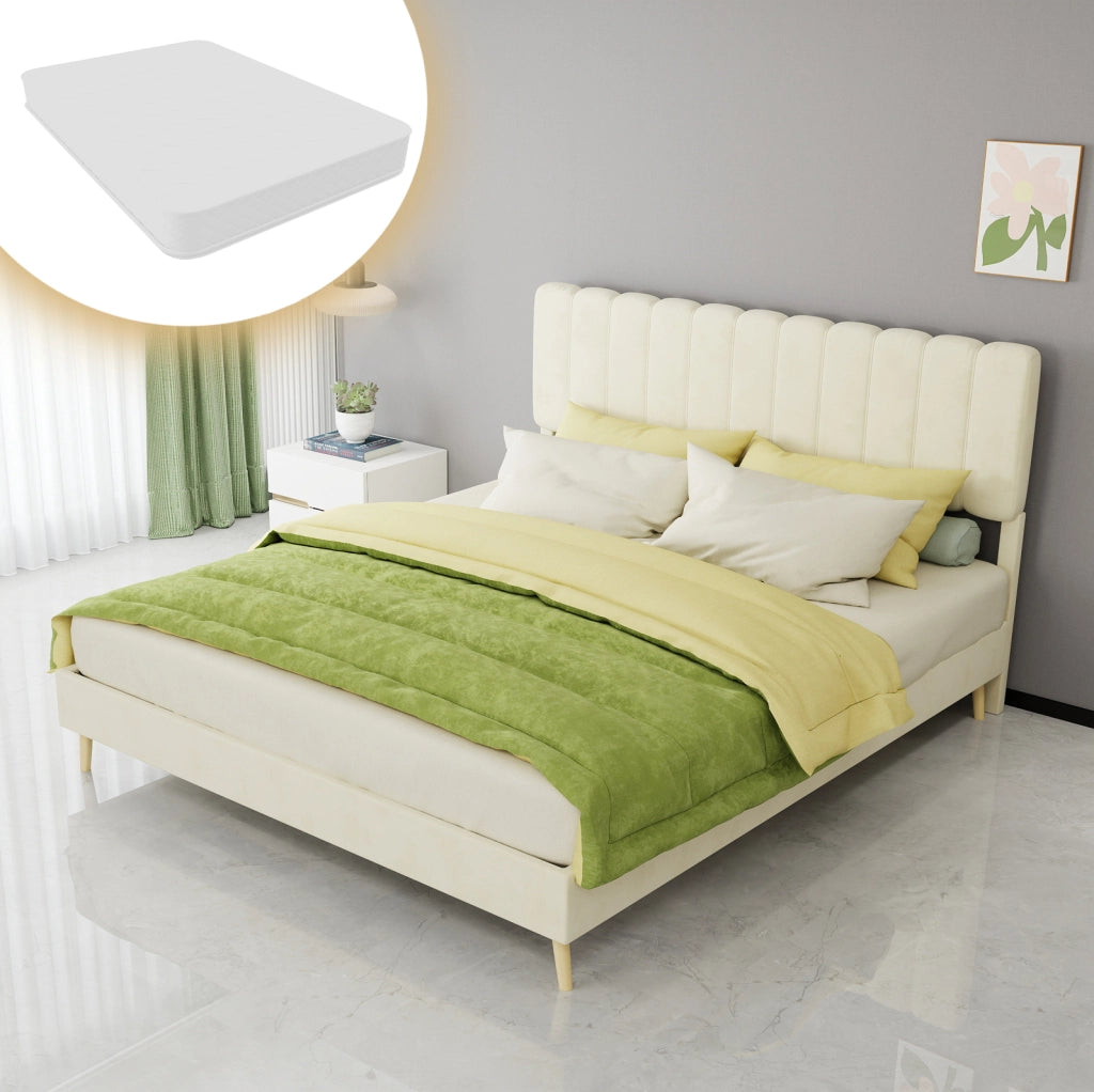 Letto imbottito moderno 160x200 cm beige con testiera morbida e base bassa senza contenitore, materasso incluso