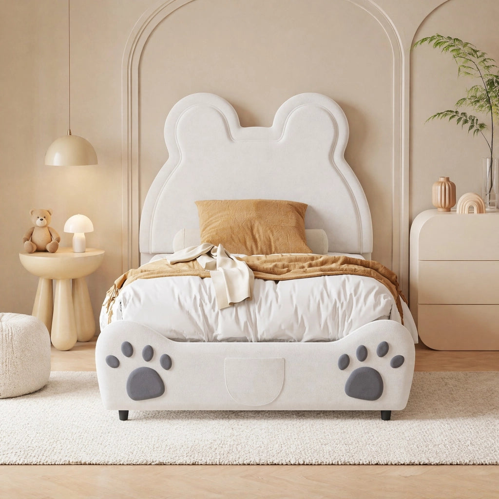 Letto imbottito a forma di orso 90 × 200 cm in velluto bianco con rete a doghe e struttura in metallo