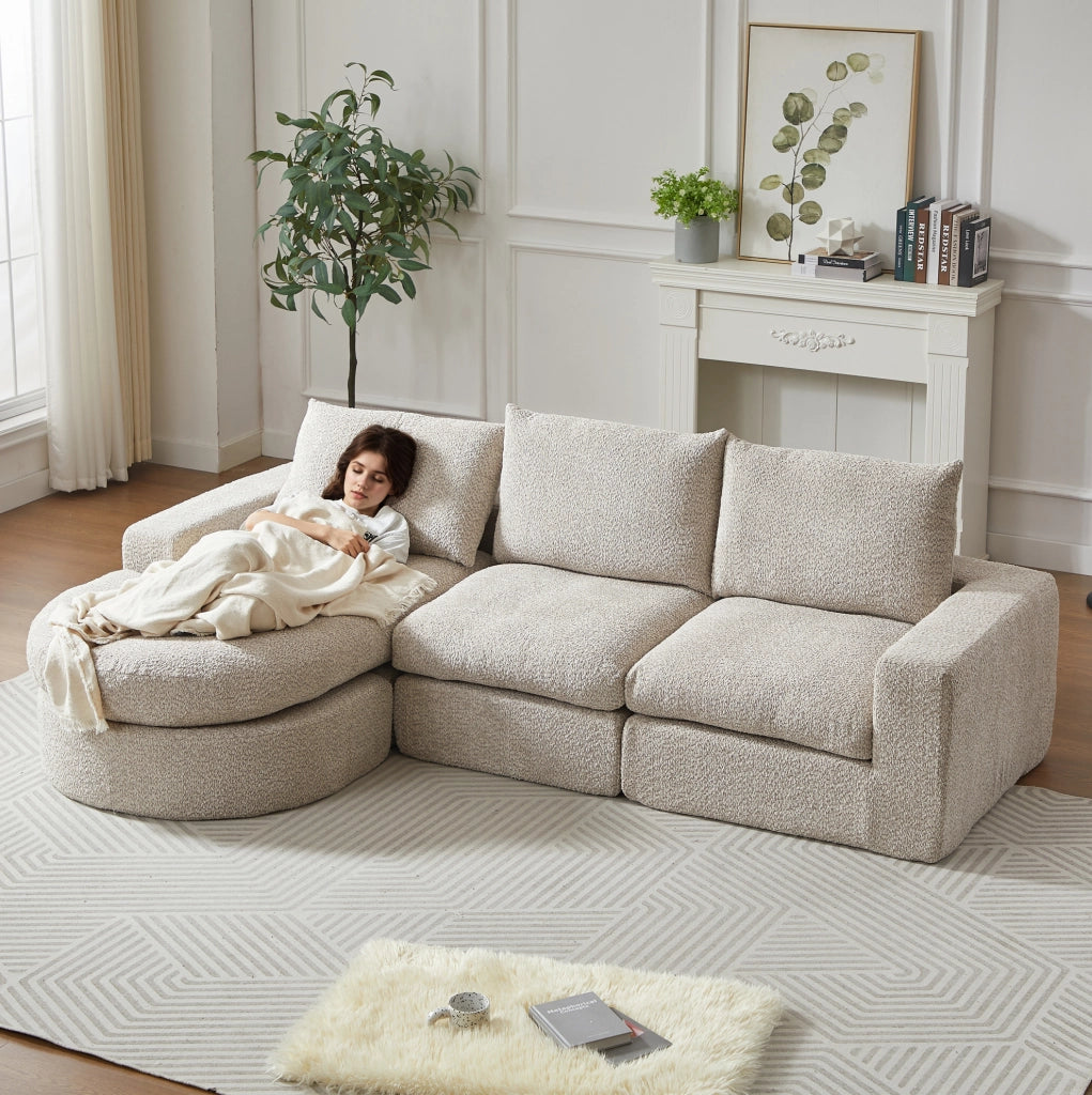Divano modulare Chenille con chaise longue reversibile e supporto in ferro, schiuma ad alta densità, senza telaio