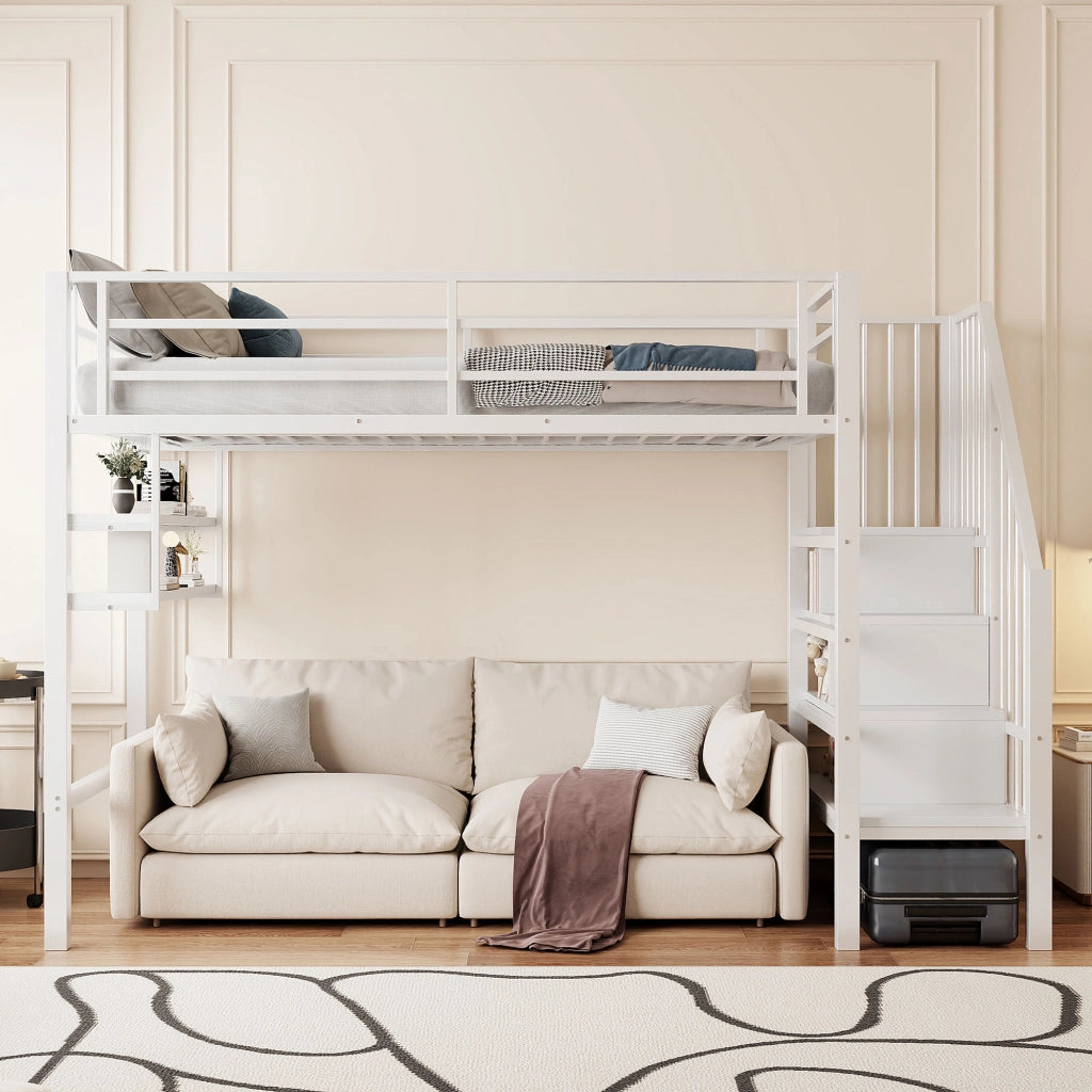 Letto a Soppalco 90x200 cm in metallo con Ripiani Bianco
