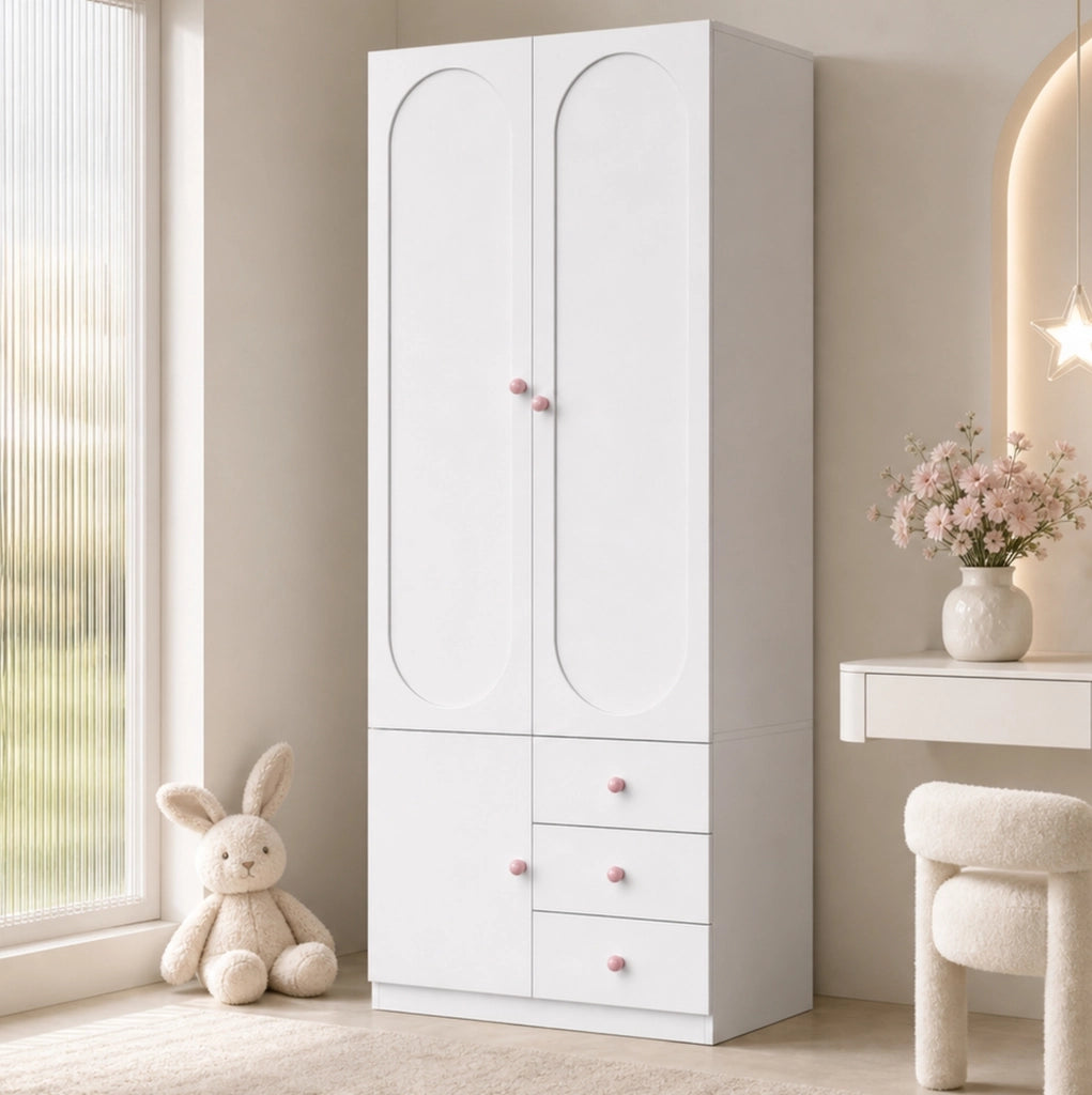 Armadio per bambini bianco con 2 porte, 3 cassetti, pomelli in ceramica rosa, 80×50×200 cm