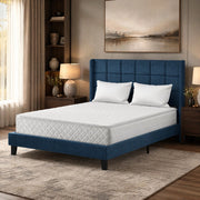 Letto matrimoniale imbottito 140 × 200 cm con rete a doghe e testiera alta rivestita in lino blu con piedi neri