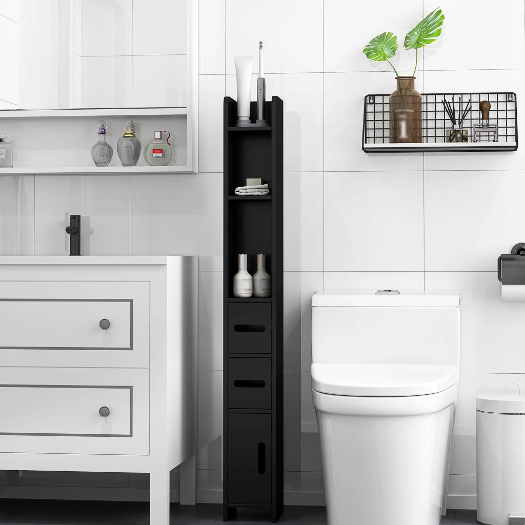 Colonna Bagno con Mensole e Armadietti ¨C Zephmum ¨C Legno 15x17x120cm Nero