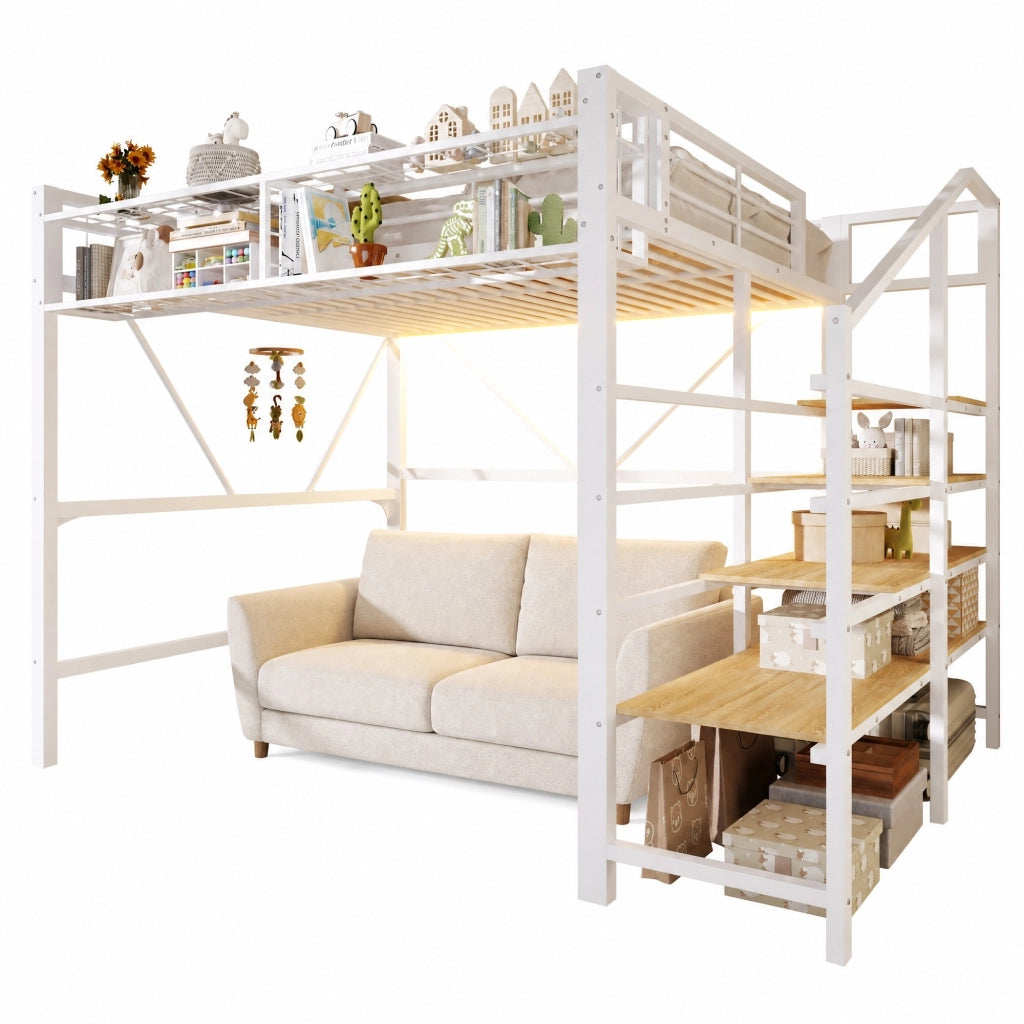 Hochbett 140x200 cm in metallo e MDF, con scala a ripiani, rete a griglia, contenitore e LED, bianco