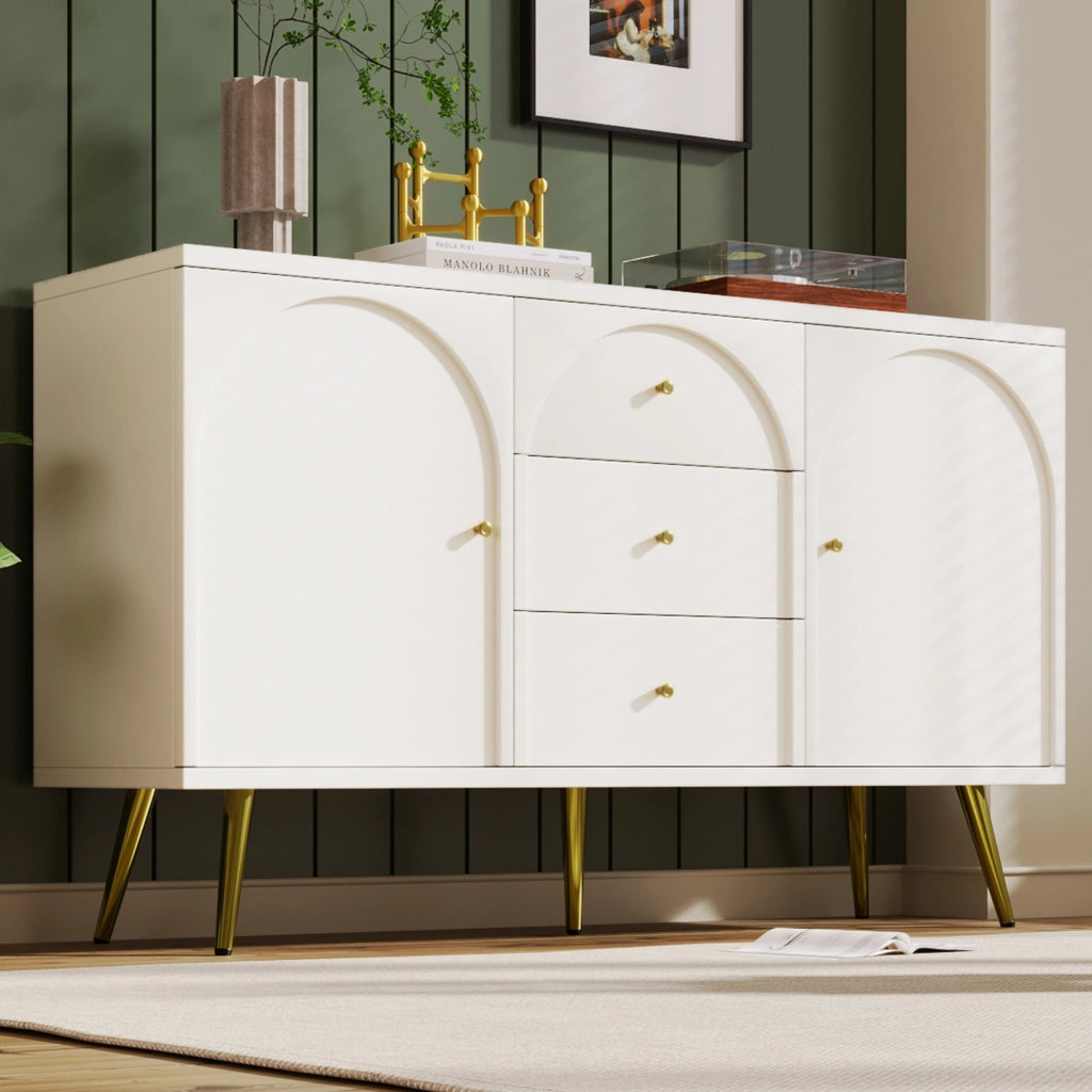 Cassettiera con 2 ante e 3 cassetti ripiano regolabile in legno e metallo bianco crema 140 × 40 × 84 cm