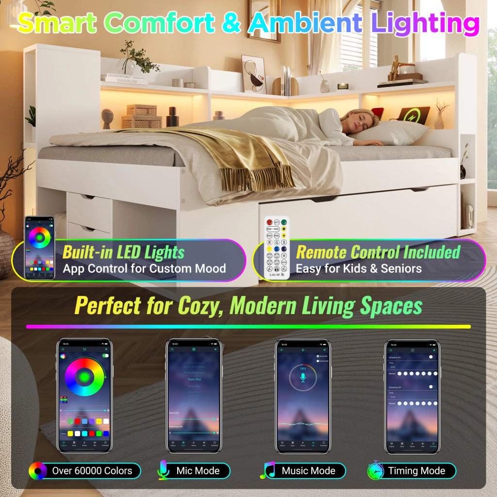 Letto da giorno 140 × 200 cm con LED USB e Type-C cassetti ripiani in legno bianco con rete a doghe