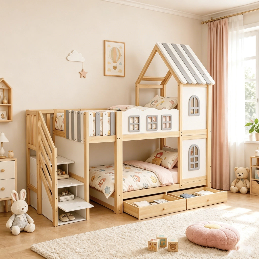 Letto a castello per bambini con sponde a nuvola e scala, 90x200 cm, bianco