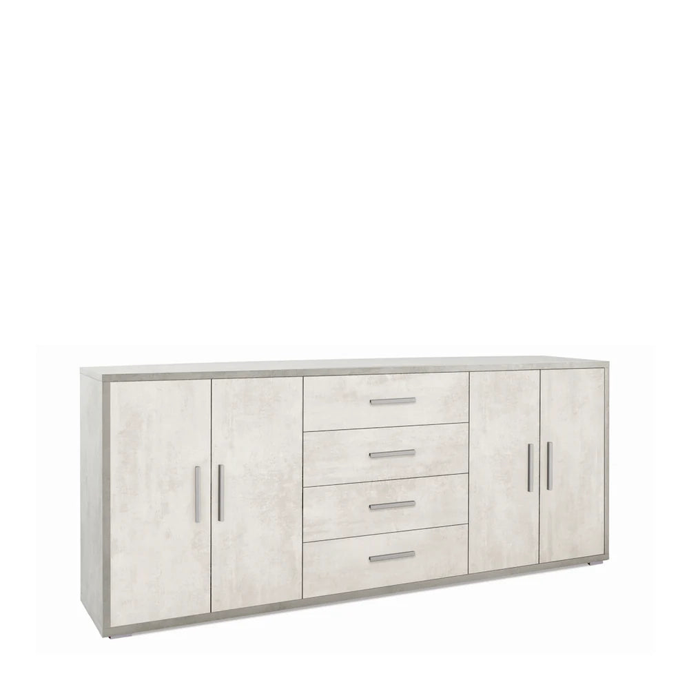 Madia credenza mobile con 4 ante e 4 cassetti 203x41x84H cm in kit di montaggio colore Cemento e Ossido bianco